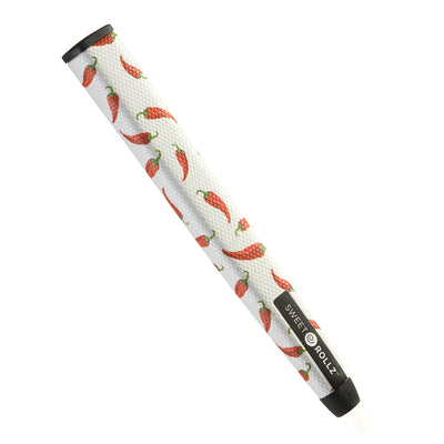 Heat - Midsize putter grip with red chili pattern on white background, side view