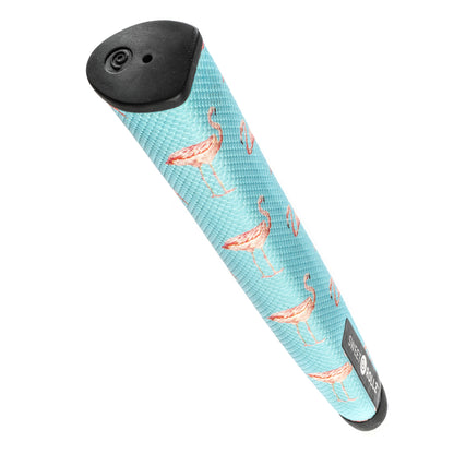South Beach - Skinny putter grip top view with flamingo pattern on blue