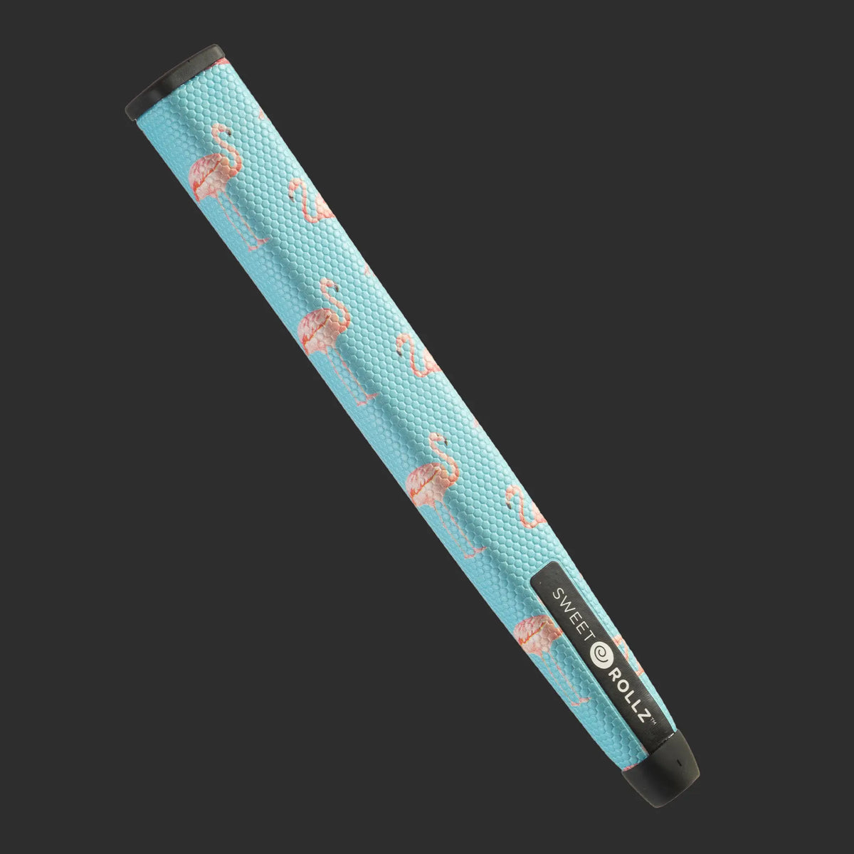 South Beach - Skinny putter grip side view with flamingos on textured blue