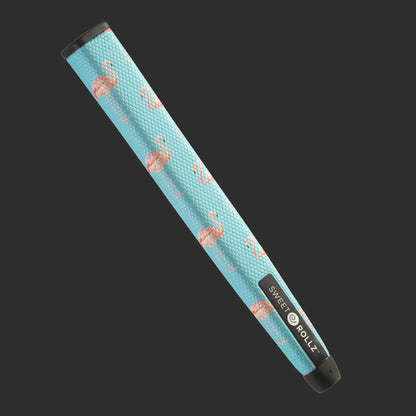 South Beach - Skinny putter grip side view with flamingos on textured blue