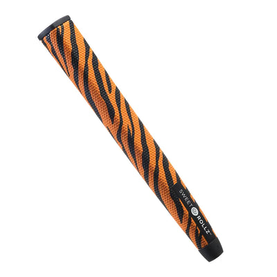 The G.O.A.T - Midsize putter grip with orange and black tiger stripes, side view